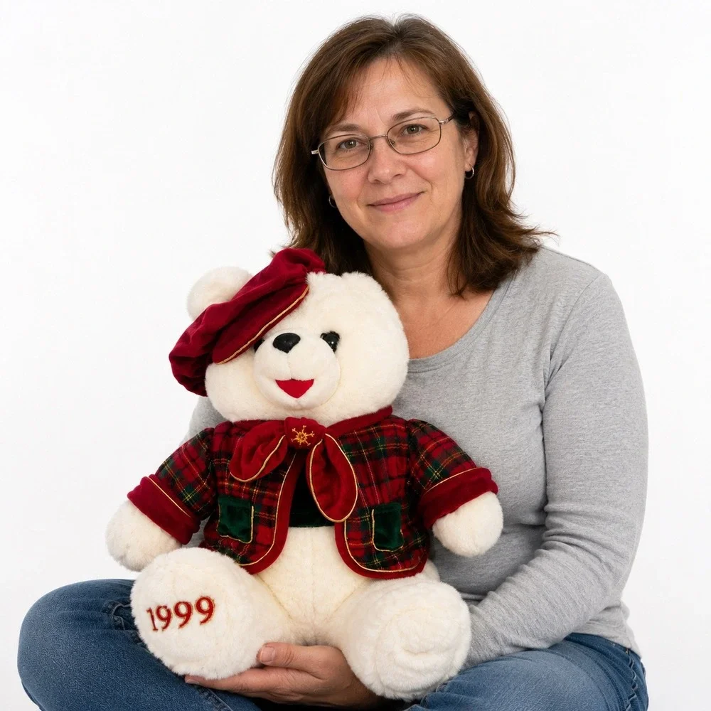 Vintage 1999 Snowflake Teddy White Plush Bear Holiday Plaid Jacket 16 Inch